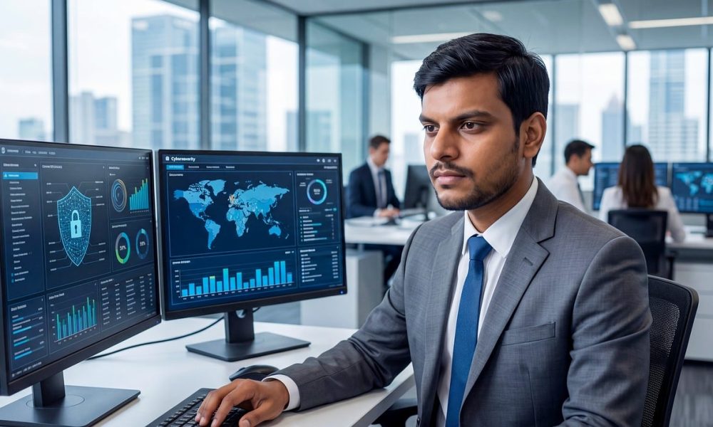 business portrait, cybersecurity, data analyst, modern office, multi-monitor, man in suit, business, technology, innovation, office work, business environment, data analysis, businessman, computer, suit, screen statistics, man, chart, working environment