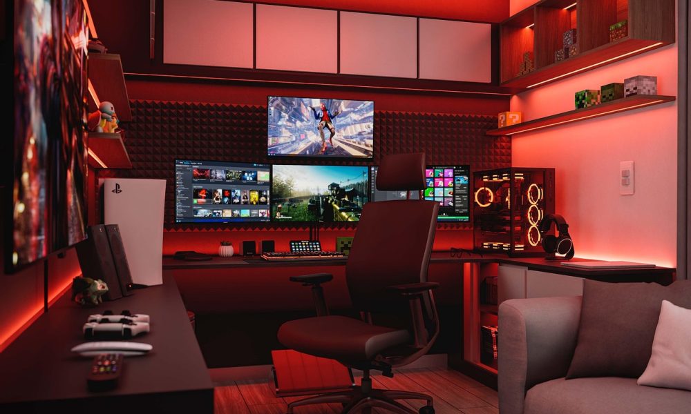 interior design, home office, modern interior, bedroom, study, pc, earphone, headphones, music, sound, technology, games, playstation, gamer, ps4, ps5, console, play, xbox, red, space red, night, led, dark, render