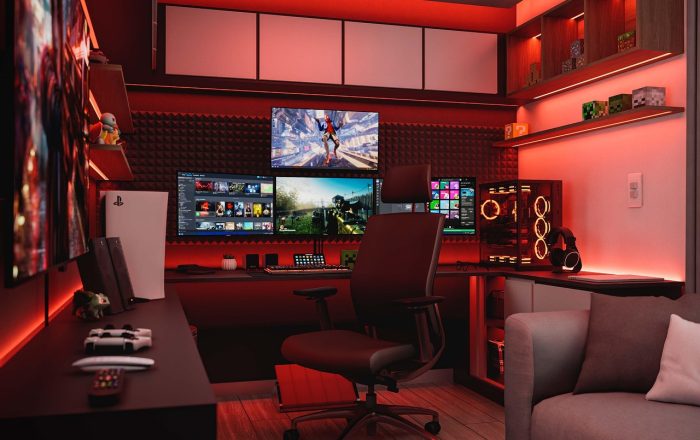 interior design, home office, modern interior, bedroom, study, pc, earphone, headphones, music, sound, technology, games, playstation, gamer, ps4, ps5, console, play, xbox, red, space red, night, led, dark, render