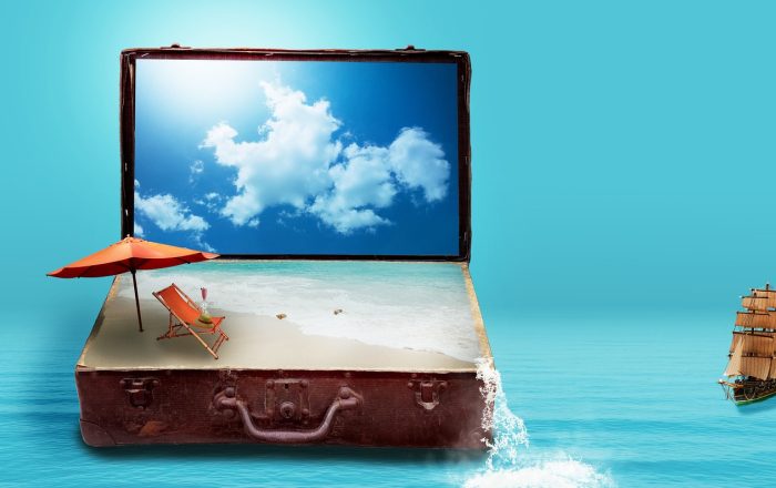 fantasy, to travel, travel, vacations, suitcase, sea, beach, luggage, nature, dreams, holiday plans, travel plans, surreal, imagination, image montage